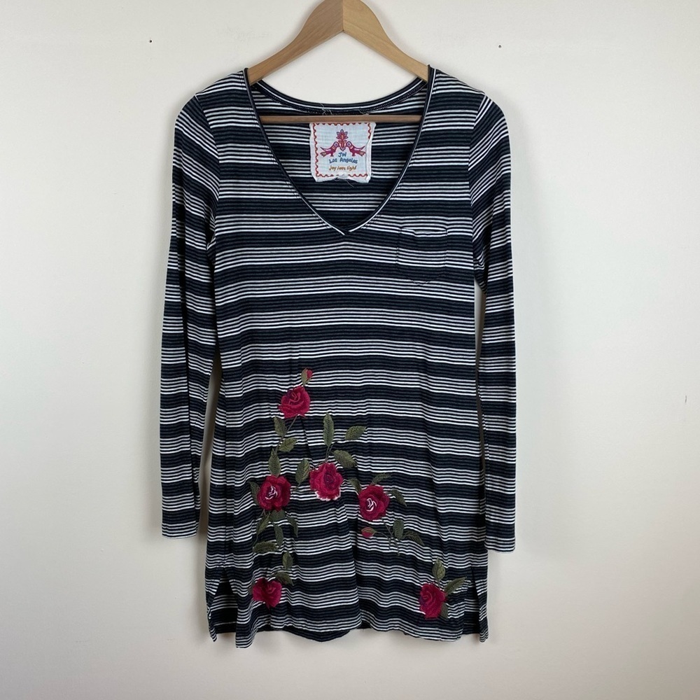 Johnny Was JWLA Striped Enbroidered V-Neck Tunic Dress